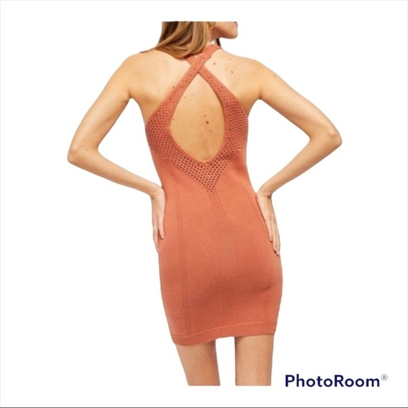 NWT FREE PEOPLE x REVOLVE Burnt Orange Rust Crochet Open Back Knit Mini Dress M - Picture 4 of 10